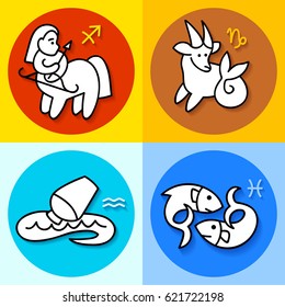 Vector pretty cartoon line art icon with shadow set zodiac symbols sagittarius, capricorn, aquarius, pisces, fire, earth, air, aqua signs, par t3/3