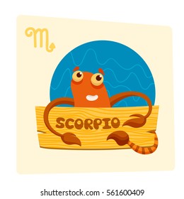 Vector pretty cartoon Scorpio zodiac sign with wooden plaque aqua element illustration 