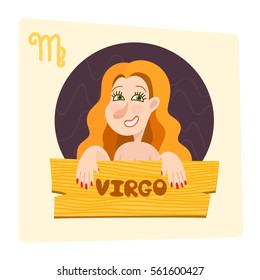 Vector pretty cartoon Virgo zodiac sign girl with wooden plaque earth element illustration 