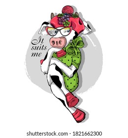 Vector pretty cow with glasses, scarf and hat. Hand drawn illustration of dressed cow-girl fashionista.