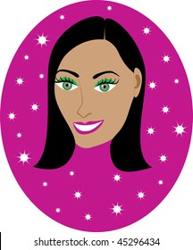 Vector pretty Dark haired girl with Hot Pink background. Great for personalization, see many other faces with different looks.