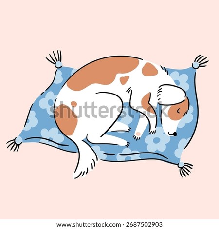 Vector pretty dog illustration in hand-drawn flat style. Mixed-breed dog is resting on a blue flower-patterned bed. Cute poster or greeting card, design element.