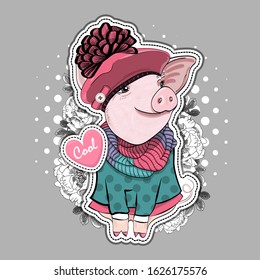 Vector pretty dressed pig. Piggy with hat and scarf. Print on T-shirts, bags and and other fashion products. Design children's clothing and accessories.