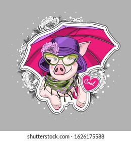 Vector pretty dressed pig. Piggy with glasses, umbrella, hat and scarf. Print on T-shirts, bags and and other fashion products. Design children's clothing and accessories.