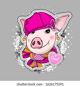 Vector pretty dressed pig. Piggy with hat and scarf. Print on T-shirts, bags and and other fashion products. Design children's clothing and accessories.