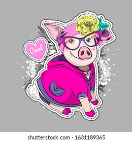 Vector pretty dressed pig. Piggy with glasses, hat and flowers. Print on T-shirts, bags and and other fashion products. Design children's clothing and accessories.
