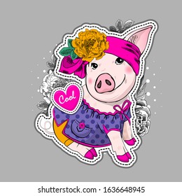 Vector pretty dressed pig. Piggy with hat and scarf. Print on T-shirts, bags and and other fashion products. Design children's clothing and accessories.
