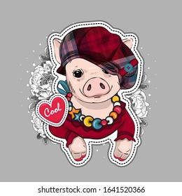 Vector pretty dressed pig. Piggy with hat and scarf. Print on T-shirts, bags and and other fashion products. Design children's clothing and accessories.