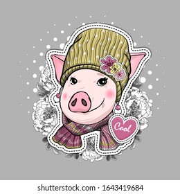Vector pretty dressed pig. Piggy with hat and flowers. Print on T-shirts, bags and and other fashion products. Design children's clothing and accessories.