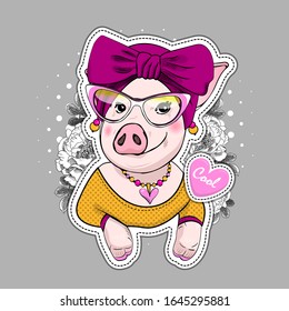 Vector pretty dressed pig. Piggy with hat, glasses and flowers. Print on T-shirts, bags and and other fashion products. Design children's clothing and accessories.