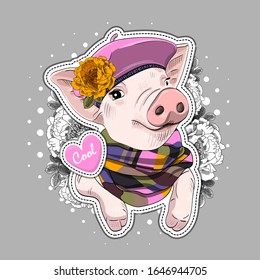 Vector pretty dressed pig. Piggy with hat and scarf. Print on T-shirts, bags and and other fashion products. Design children's clothing and accessories.