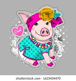 Vector pretty dressed pig. Print on T-shirts, bags and and other fashion products. Design children's clothing and accessories.