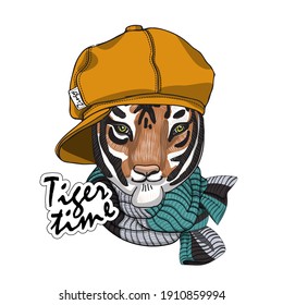 Vector pretty dressed tiger with hat and scarf. 