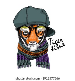 Vector pretty dressed tiger with hat, glasses and scarf. 