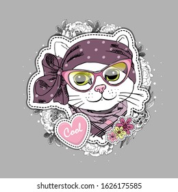 Vector pretty dressed white cat. Cat with glasses, hat and scarf. Print on T-shirts, bags and and other fashion products. Design children's clothing and accessories.