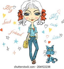 Vector Pretty fashion girl with bows, bag and with cute kitten