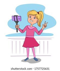 Vector pretty fashion little girl shooting story for social media network. Young blogger recording content, taking selfie photo for by mobile phone. Children blogging. Digital communication technology