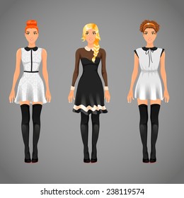 Vector pretty females in different black and white collar dresses