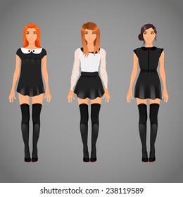 Vector pretty females in different black and white collar dresses