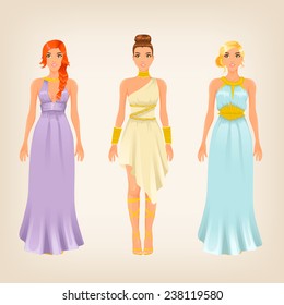 Vector pretty females in greek styled goddess dresses