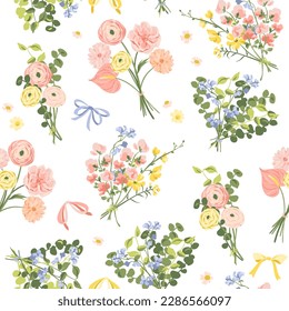 Vector Pretty Floral Bouquets Seamless Pattern on White Background