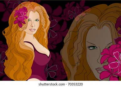 Chica vectorial con una flor de cabello denso. sobre un fondo negro