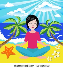 vector pretty girl meditates in the yoga lotus position in seaside beach calm pose balance and harmony.