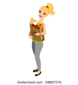 Vector pretty girl with package with purchases