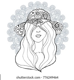 Vector pretty girl wearing hat in doodle style on mandala background