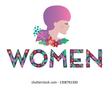 Vector pretty girl's face and text women decorated by flowers. Colorful illustration. Modern style, gradients