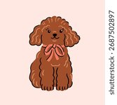 Vector pretty hand drawn Maltipoo illustration with red bow. Adporable puppy with red bow tie isolated on light pink background. Doggy poster or greeting card design