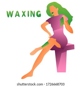 Vector pretty happy woman remowing hair on legs. Smiling girl waxing hair body. Modern trend gradient colors purple green. Epilation procedure spa home. Female skinny legs. Proud of smooth body skin