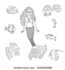 Vector pretty little siren mermaid with sea fishes cartoon style, hand drawn silhouette isolated on the white background