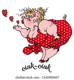 Vector pretty pig girl wearing dotted dress an making air kiss. Words "oink-oink"