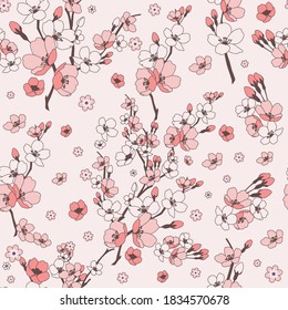 Vector pretty pink cherry blossoms seamless pattern background. Great use for fabric, wallpaper, giftwrap, home decor items, wellbeing etc.