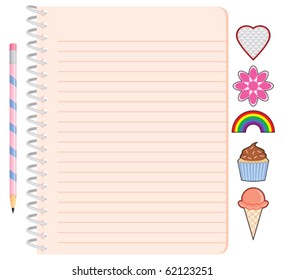 Vector Pretty Spiral Notebook with Pencil and Stickers. Each object on separate layer.