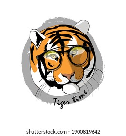 Vector pretty tiger with black glasses. Hand drawn illustration of tomcat. Tiger time.