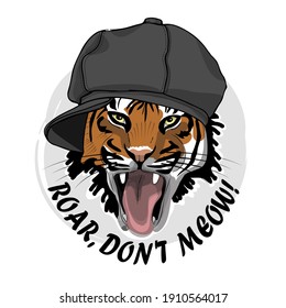 Vector pretty tiger with hat. Angry bully. Roar, don't meow.