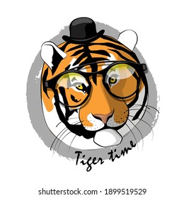 Vector pretty tiger with hat and glasses. Hand drawn illustration of funny tomcat.  Tiger time.