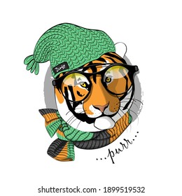 Vector pretty tiger with hat and scarf. Hand drawn illustration of funny tomcat. Tiger with glasses.