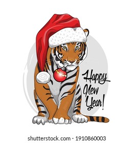 Vector pretty tiger - santa claus with a red hat. Happy New Year.