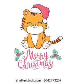 Vector pretty tiger - santa claus with a red hat. Happy New Year.