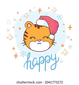 Vector pretty tiger - santa claus with a red hat. Happy New Year.