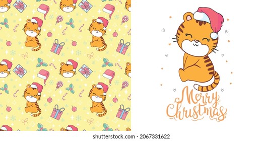 Vector pretty tiger - santa claus with a red hat. Happy New Year.