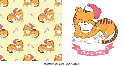 Vector pretty tiger - santa claus with a red hat. Happy New Year.