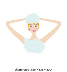 Vector pretty woman washing hair with shampoo in the shower