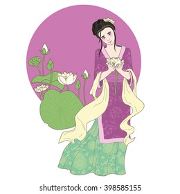 Vector pretty young woman wearing traditional chinese costume holds flower of lotus in her hands. Well drawn illustration for greeting card, tea box