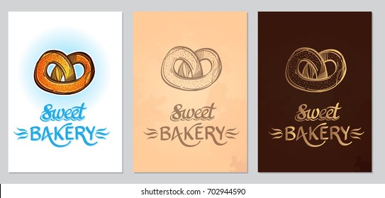 Vector pretzel cards set. Vintage style set from vector cards with place for text and vintage inscription
