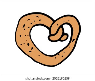 Vector pretzel in a flat style. a hand-drawn isolated pretzel element in brown with a black outline and dots on a white background for a design template. Vintage icon with doodle brown pretzel 