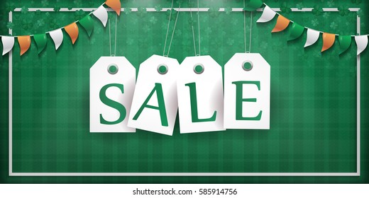 Vector price sale labels on the green background. Concept of Happy Saint Patrick's Day.
